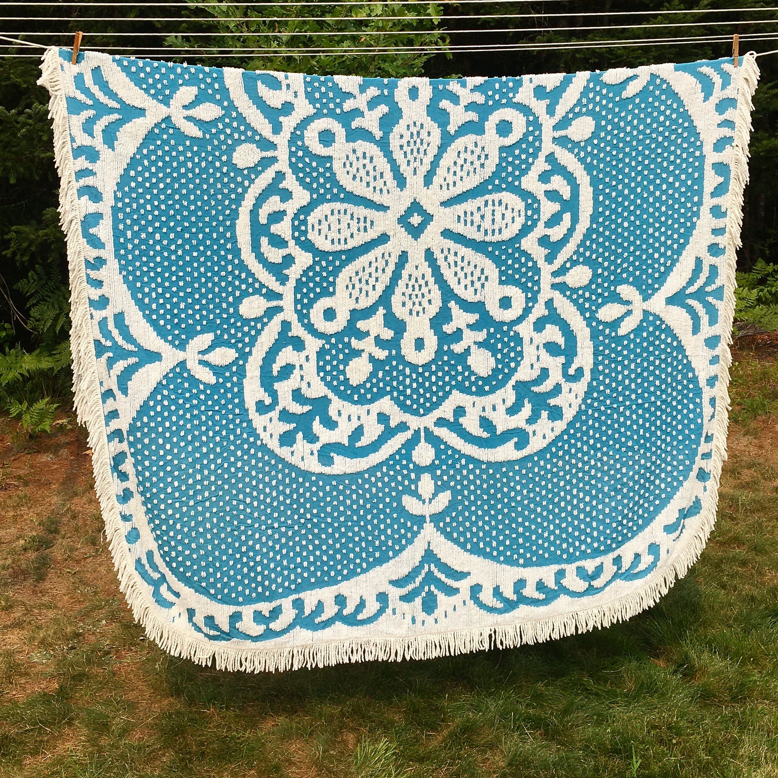 Vintage 1950s-60s Chenille Bedspread, Peacock Blue with White Detail