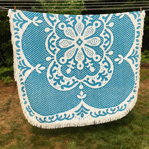 Vintage 1950s-60s Chenille Bedspread, Peacock Blue with White Detail