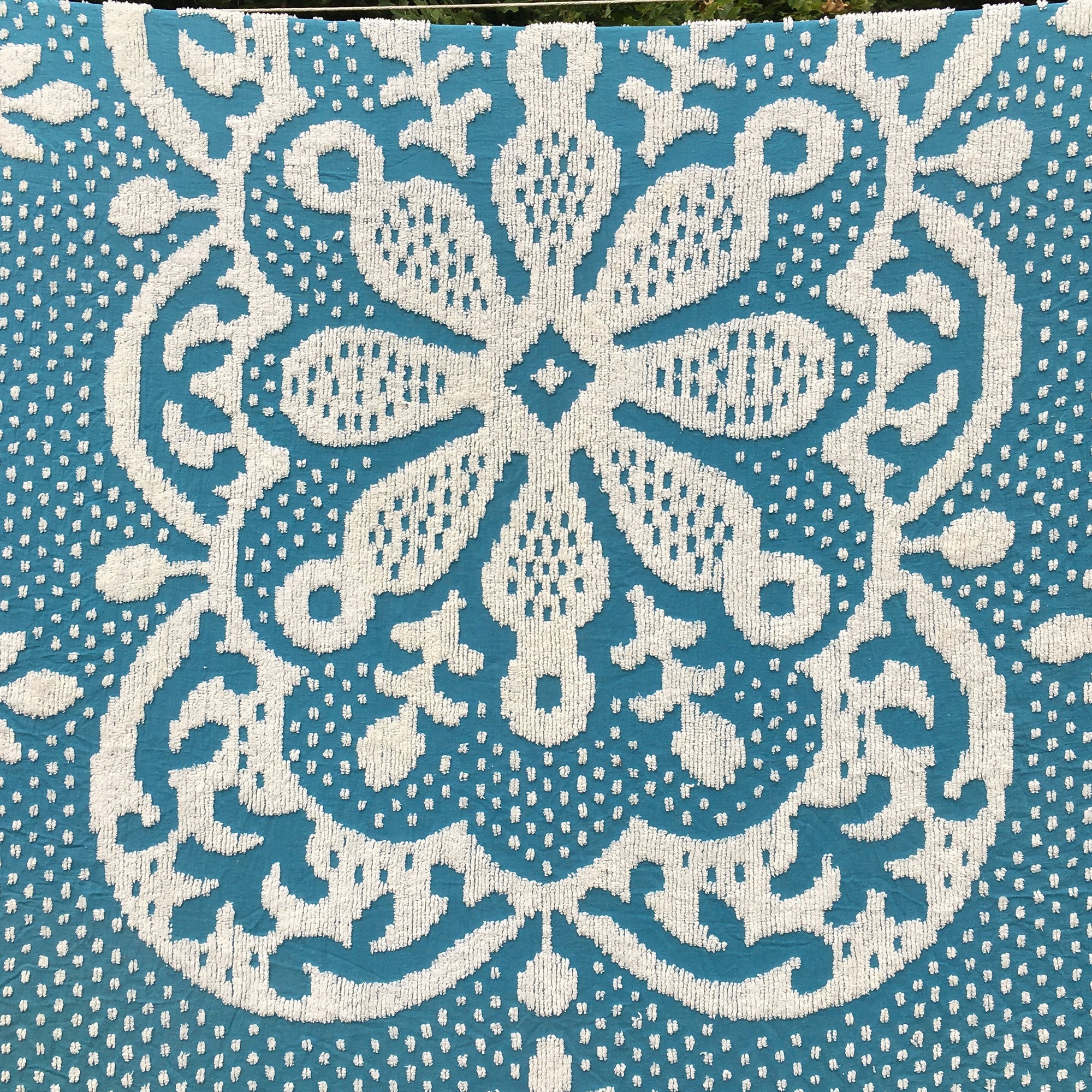 Vintage 1950s-60s Chenille Bedspread, Peacock Blue with White Detail