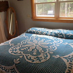 Vintage 1950s-60s Chenille Bedspread, Peacock Blue with White Detail