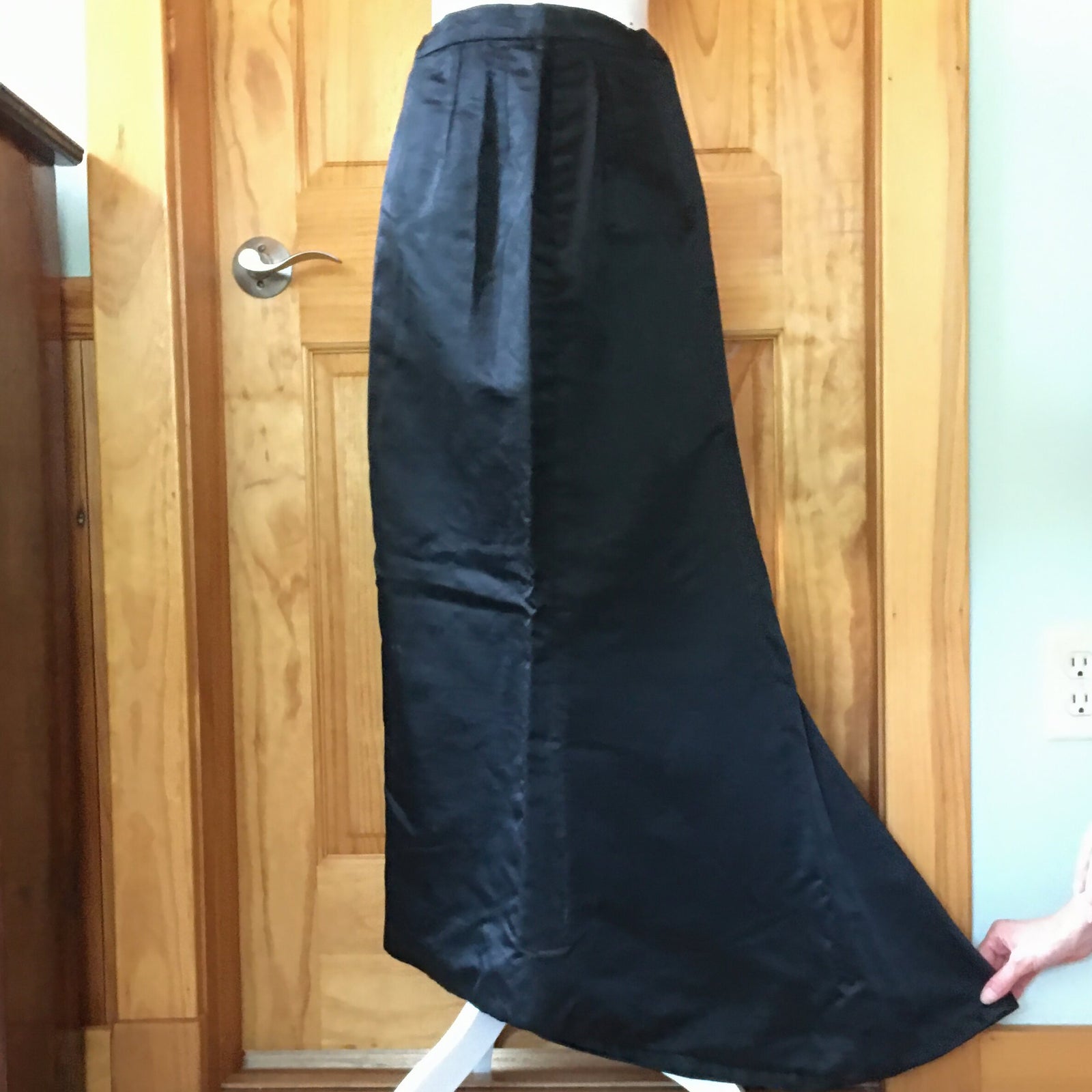 Vintage Black Satin Asymmetrical Maxi Skirt – Heiser Label – Morticia Addams Style – Size XS (See Measurements)