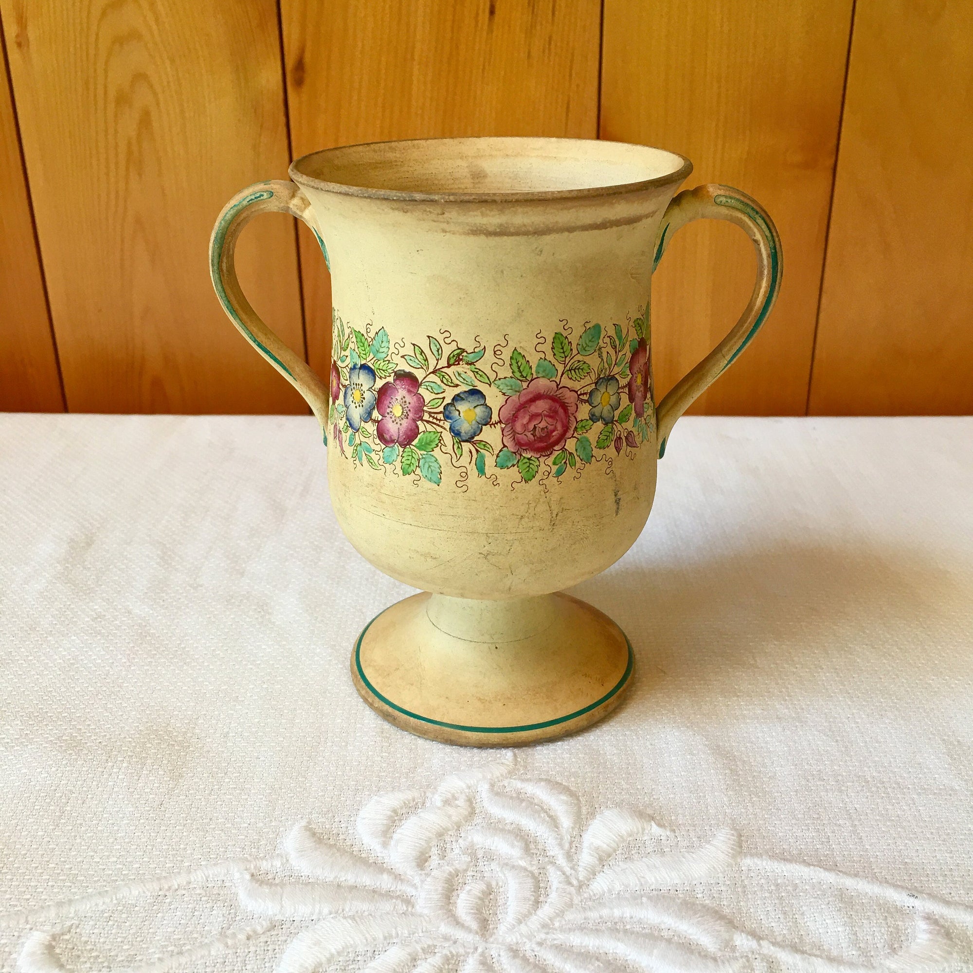 Antique Handled Vase: Early 1900s Floral Design Creamware with “No. 20” Mark
