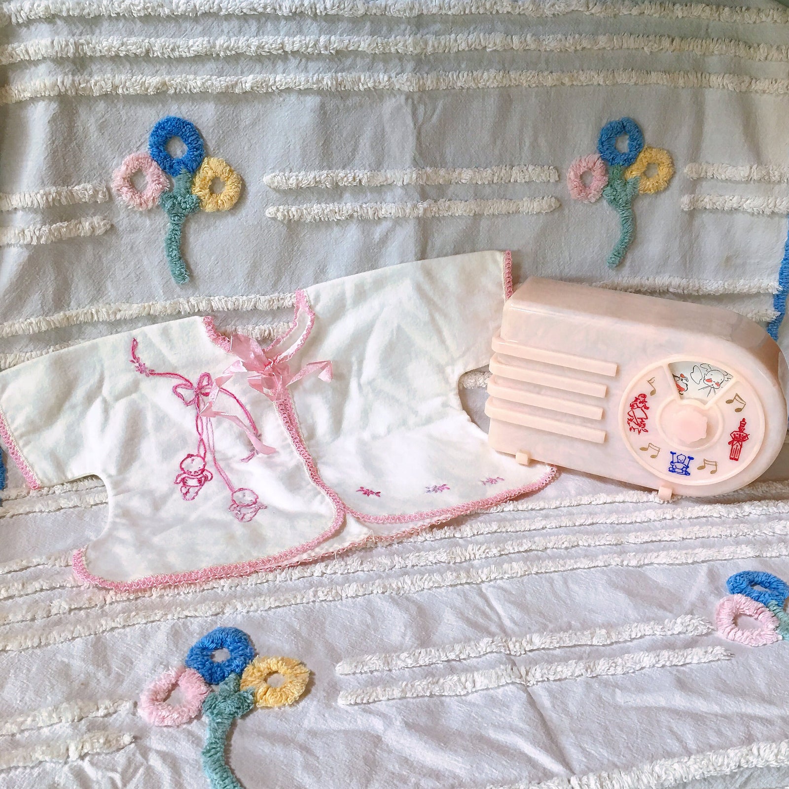 1940s–50s Baby Set: Chenille Bedspread, Handmade Flannel Jacket, Nursery Music Box