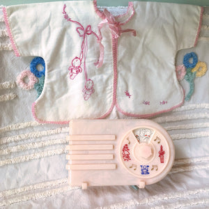 1940s–50s Baby Set: Chenille Bedspread, Handmade Flannel Jacket, Nursery Music Box