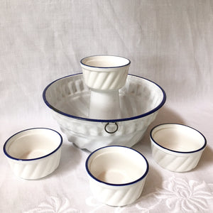 Vintage Enamelware Pan & Ceramic Custard Cups: Blue Rim Baking Set
