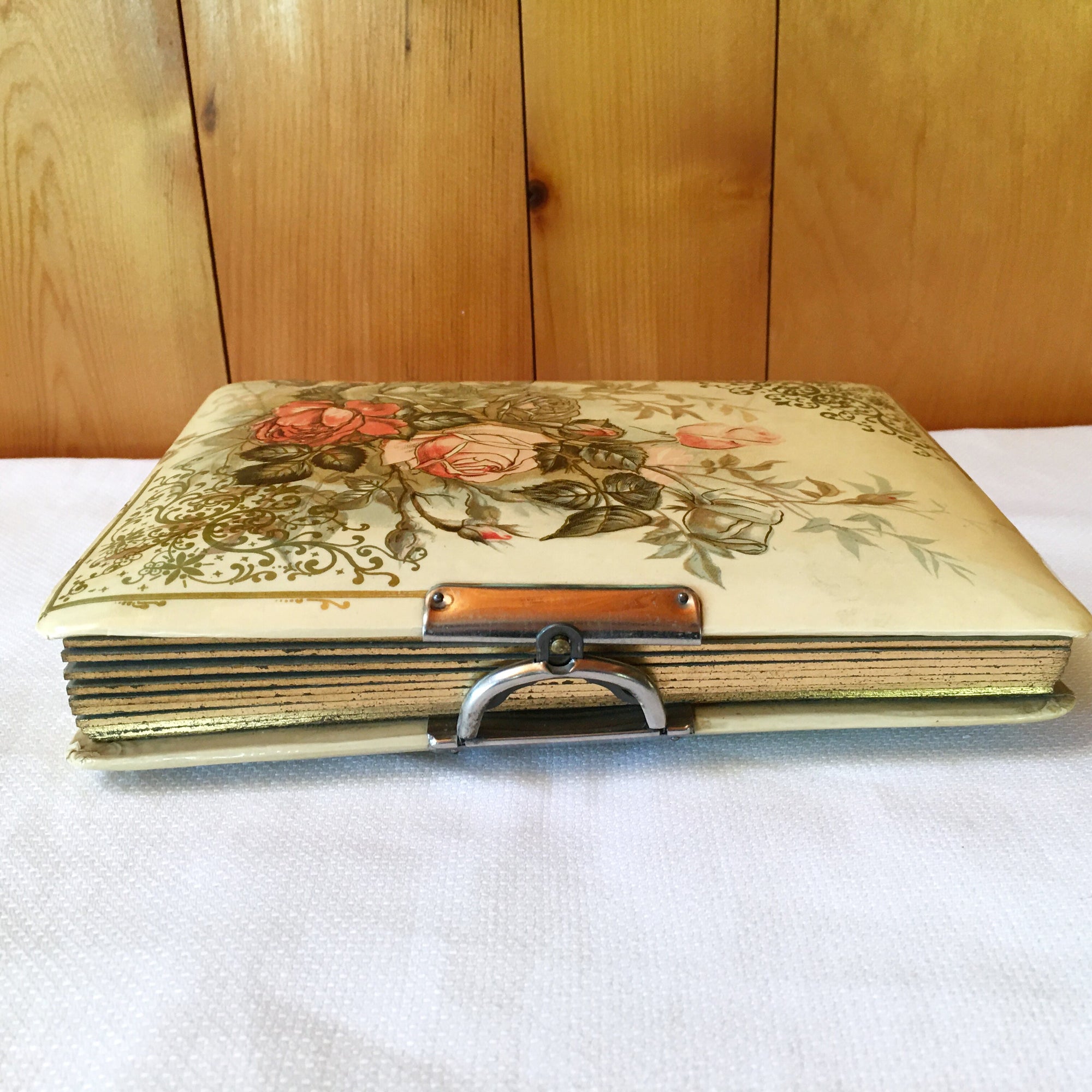 Antique Celluloid Photo Album with Rose Design & Clasp – 21 Photos, c.1890s