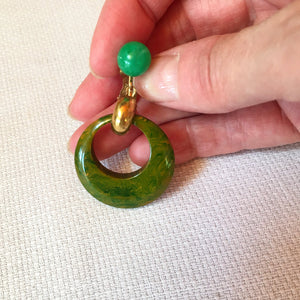 1930s - 1940s Bakelite Clip-On Earrings: Green Hoop & Orange Marbled Screwback Pair
