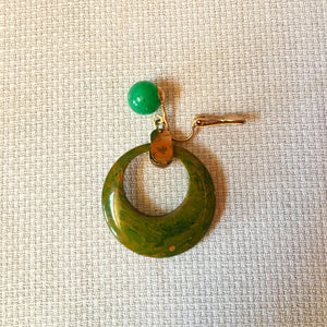 1930s - 1940s Bakelite Clip-On Earrings: Green Hoop & Orange Marbled Screwback Pair