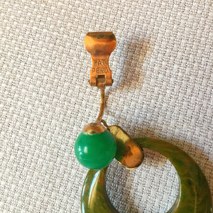 1930s - 1940s Bakelite Clip-On Earrings: Green Hoop & Orange Marbled Screwback Pair