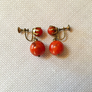 1930s - 1940s Bakelite Clip-On Earrings: Green Hoop & Orange Marbled Screwback Pair