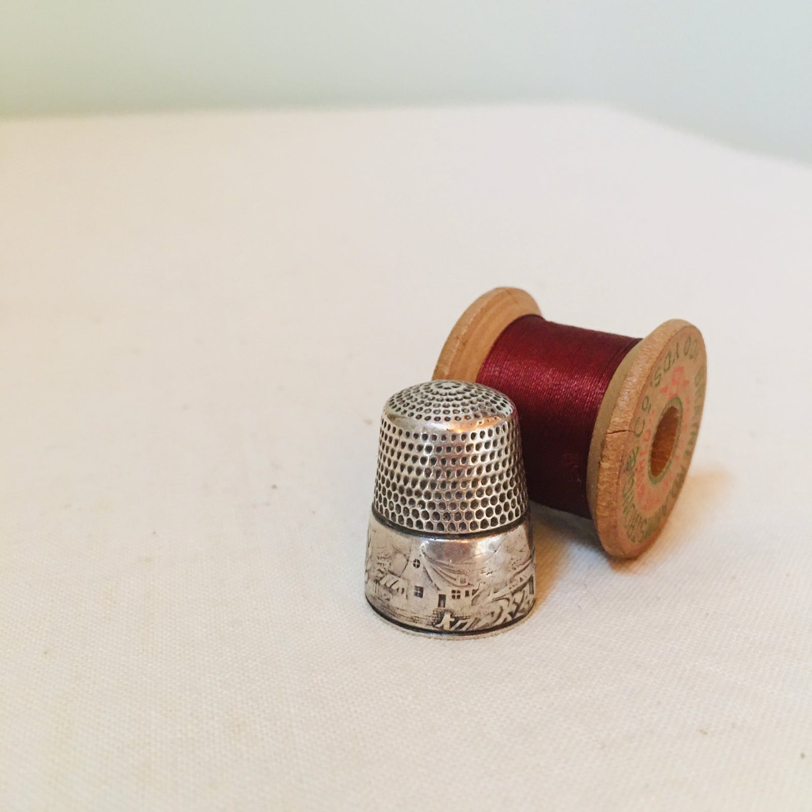 thimble, sterling silver, Simons Bros. village scene
