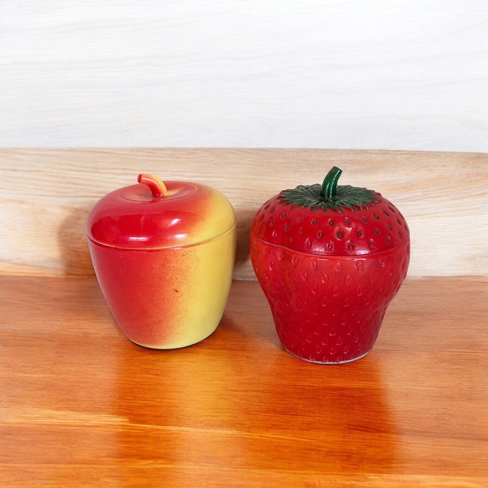 Mid Century Hazel Atlas Milk Glass Apple and Strawberry Jam Jars