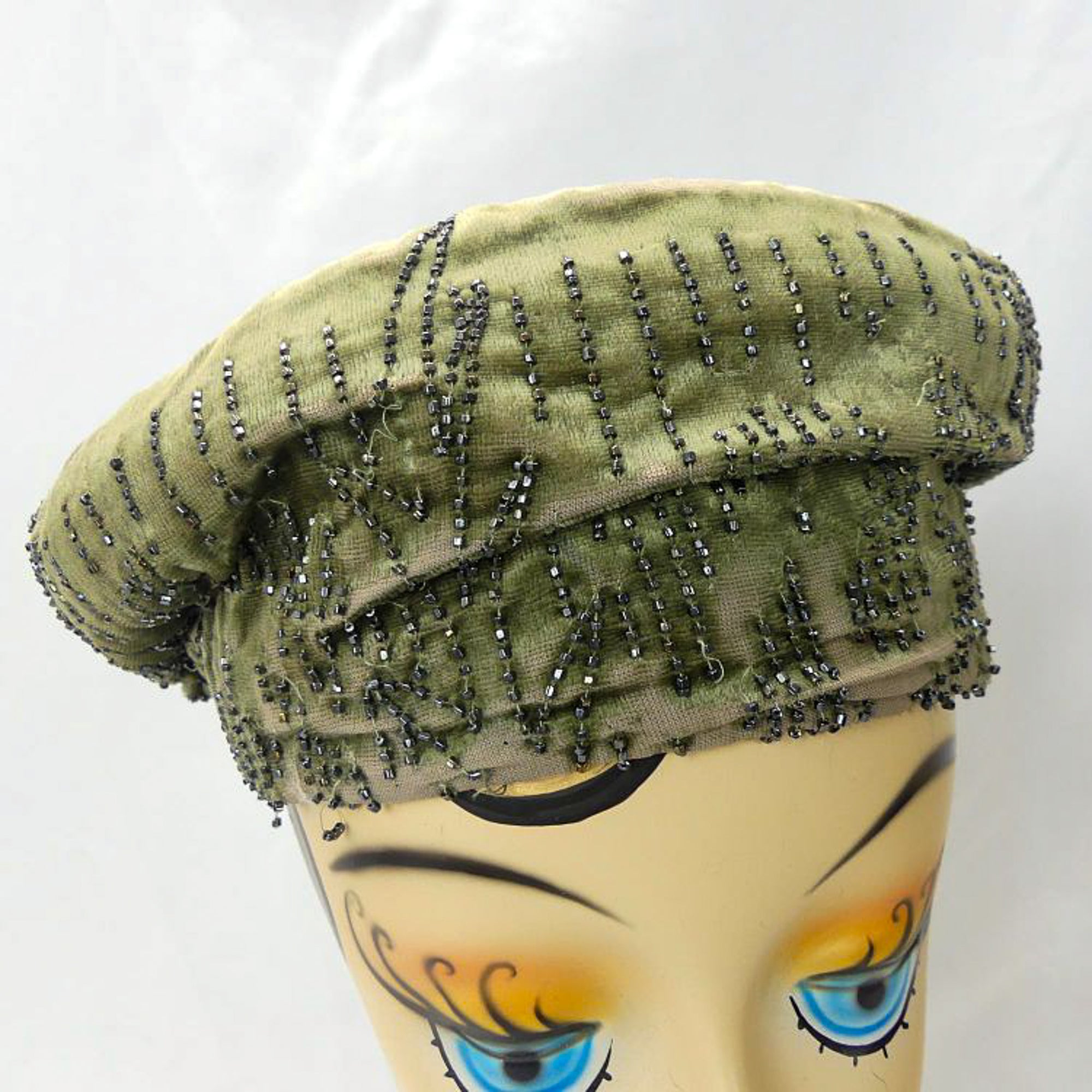 Green Velvet Hat with Glass Beading, 1920s-30s, Satin Lined, Hand Embellished, Wearable Antique, Flapper Style, Art Deco Fashion