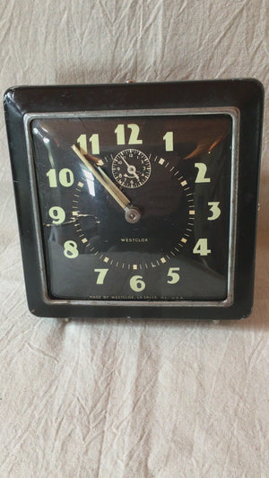 Mid-Century Westclox Alarm Clock – Black Metal Case, Radium Dial, Works Very Well!