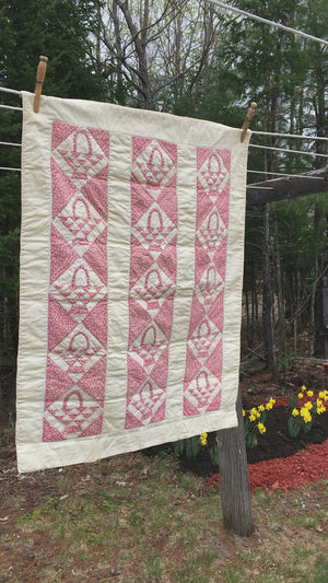 1930s–40s Pink & White Basket Quilt – Hand Stitched, 29" x 23.5"