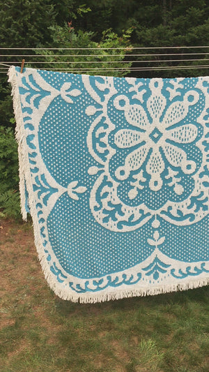Vintage 1950s-60s Chenille Bedspread, Peacock Blue with White Detail