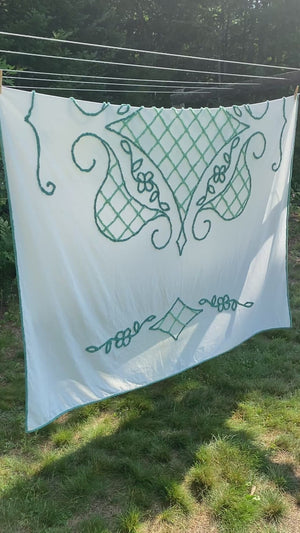 Vintage 1940s–1950s White & Green Chenille Bedspread