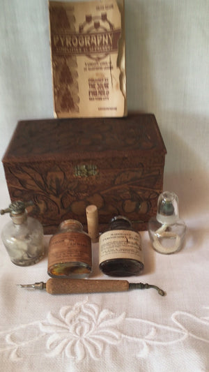 Antique 1900's Pyrography Wood Burning Kit, Cherry Design Box with Tools and Bottles