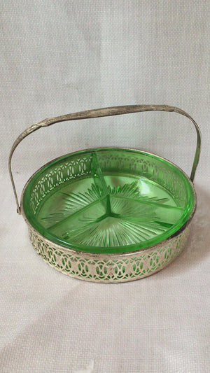 Antique Uranium Glass Divided Candy Dish with Silver Tone Basket, Swing Handle
