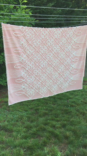 Vintage Mid Century Pink Chenille Cotton Bedspread