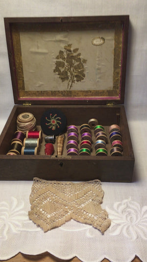 Victorian Wooden Sewing Box with Silk Threads & Tools – c. 1890s