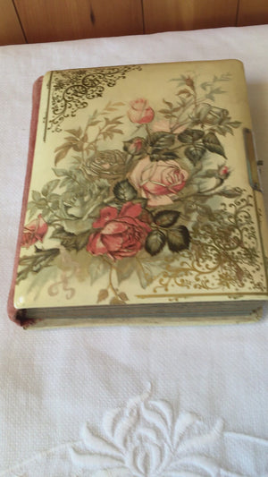 Antique Celluloid Photo Album with Rose Design & Clasp – 21 Photos, c.1890s