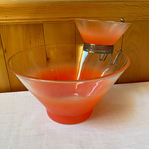 Vintage Mid Century Frosted Orange Ombre Glass Chip & Dip Set with Metal Holder