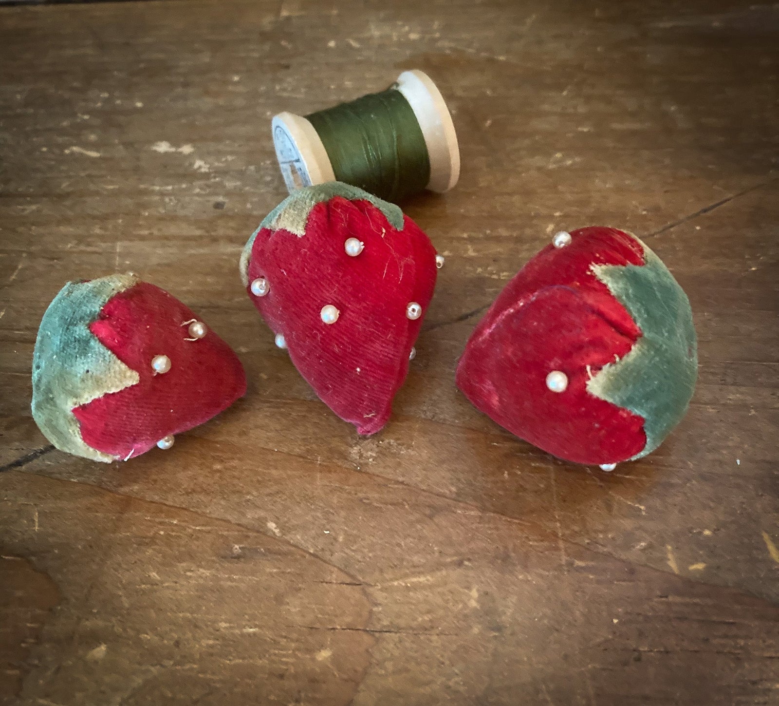 Set of 3 Vintage Velvet Strawberries with Seed Pearls (#17)