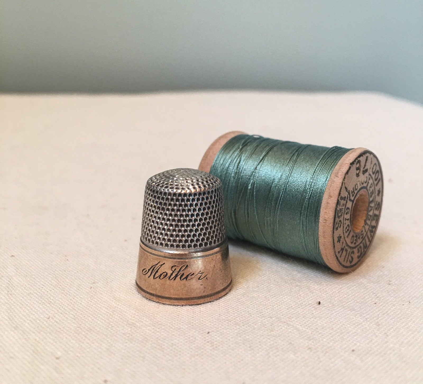 Simons Bros Thimble, Sterling Silver with Gold Band, Engraved “Mother”, Size 11 (#2)