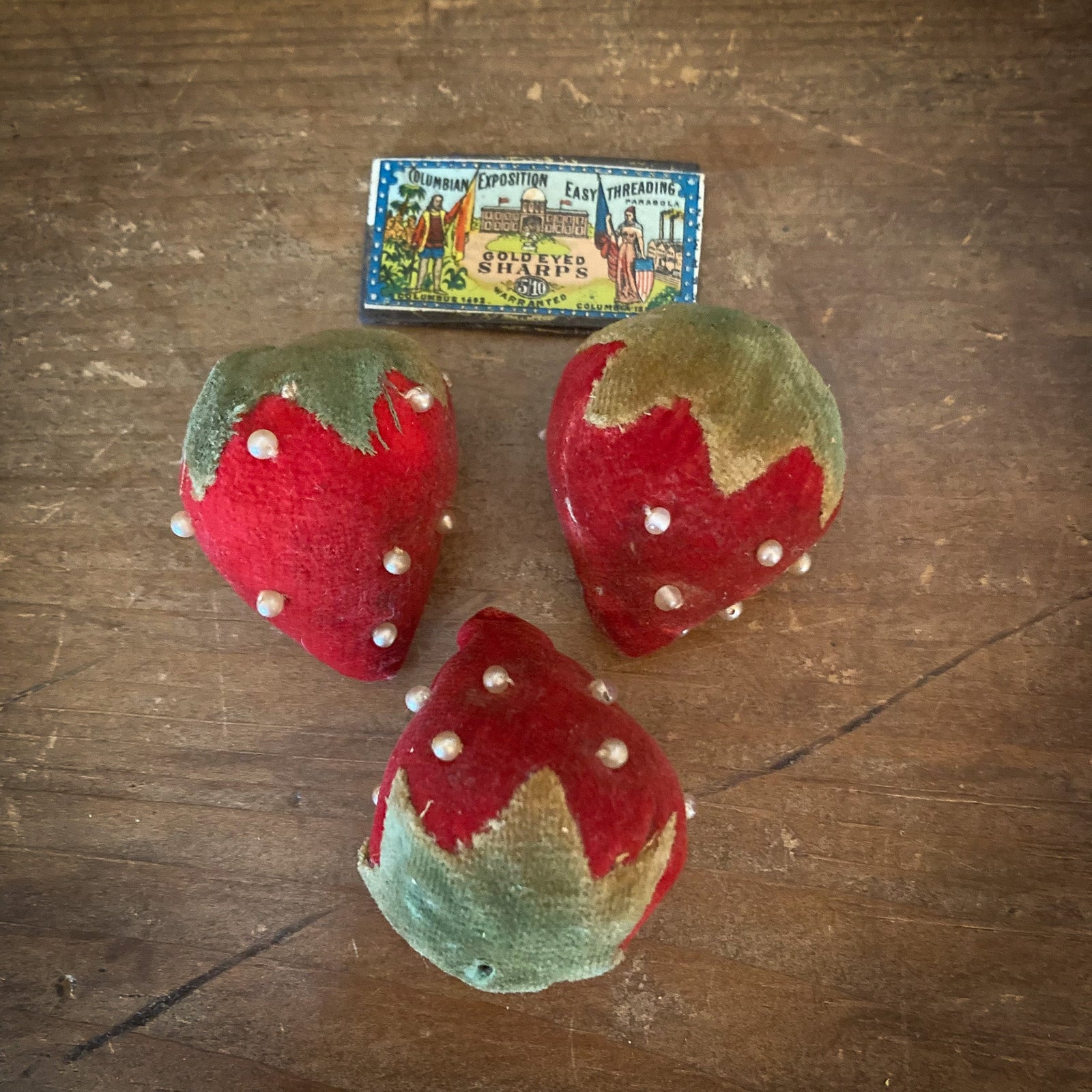 Set of 3 Vintage Velvet Strawberries with Seed Pearls (#2)