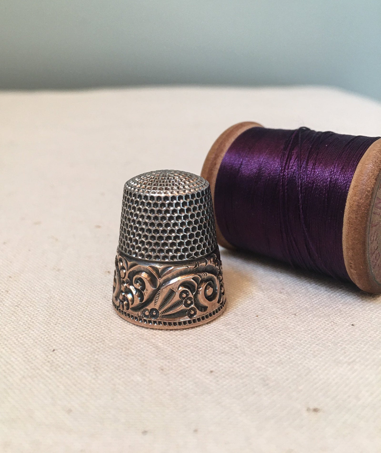 Ketcham & McDougall Thimble, Sterling Silver with Gold Band, Size 10, Engraved “E.L.F.” (#4)