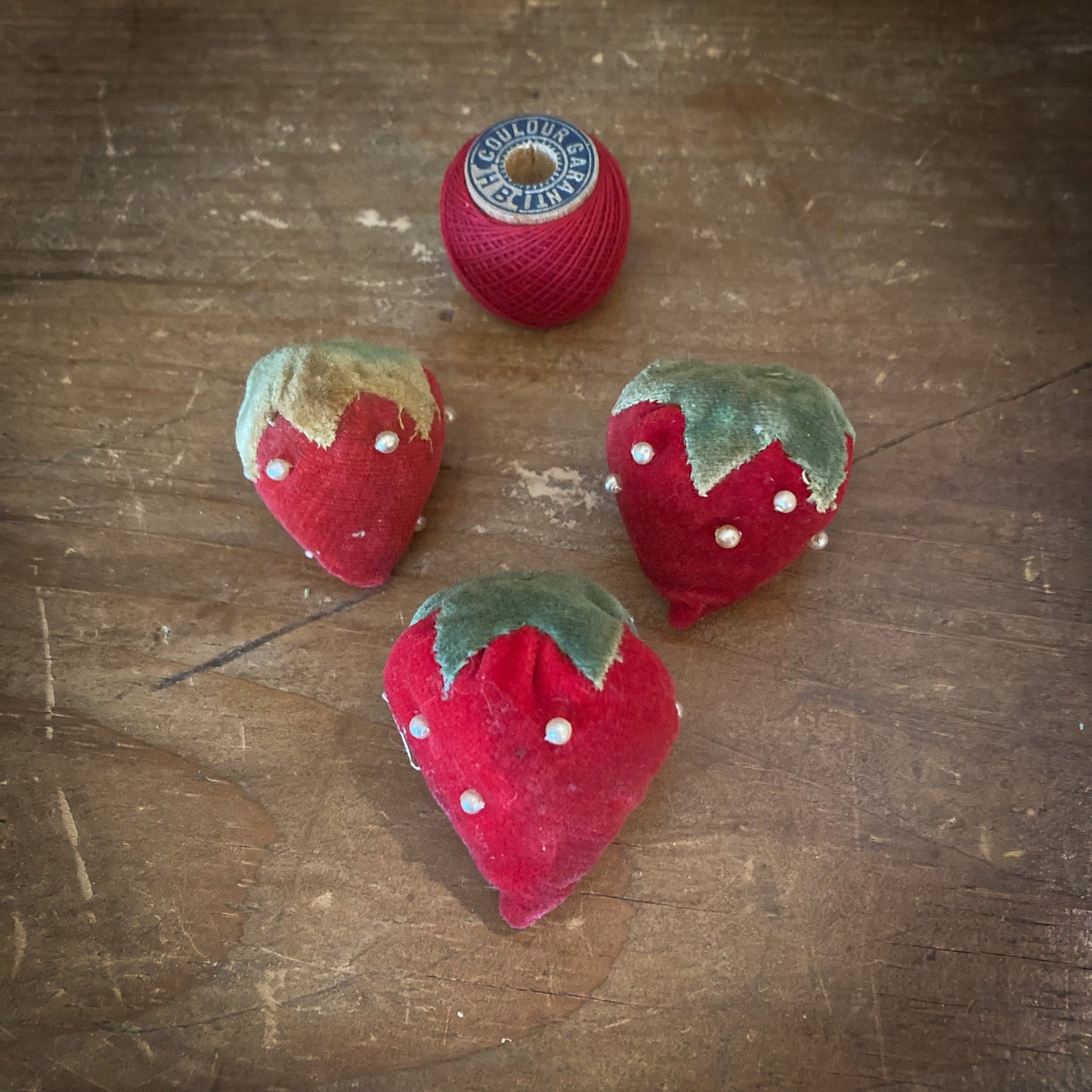 Set of 3 Vintage Velvet Strawberries with Seed Pearls (#9)