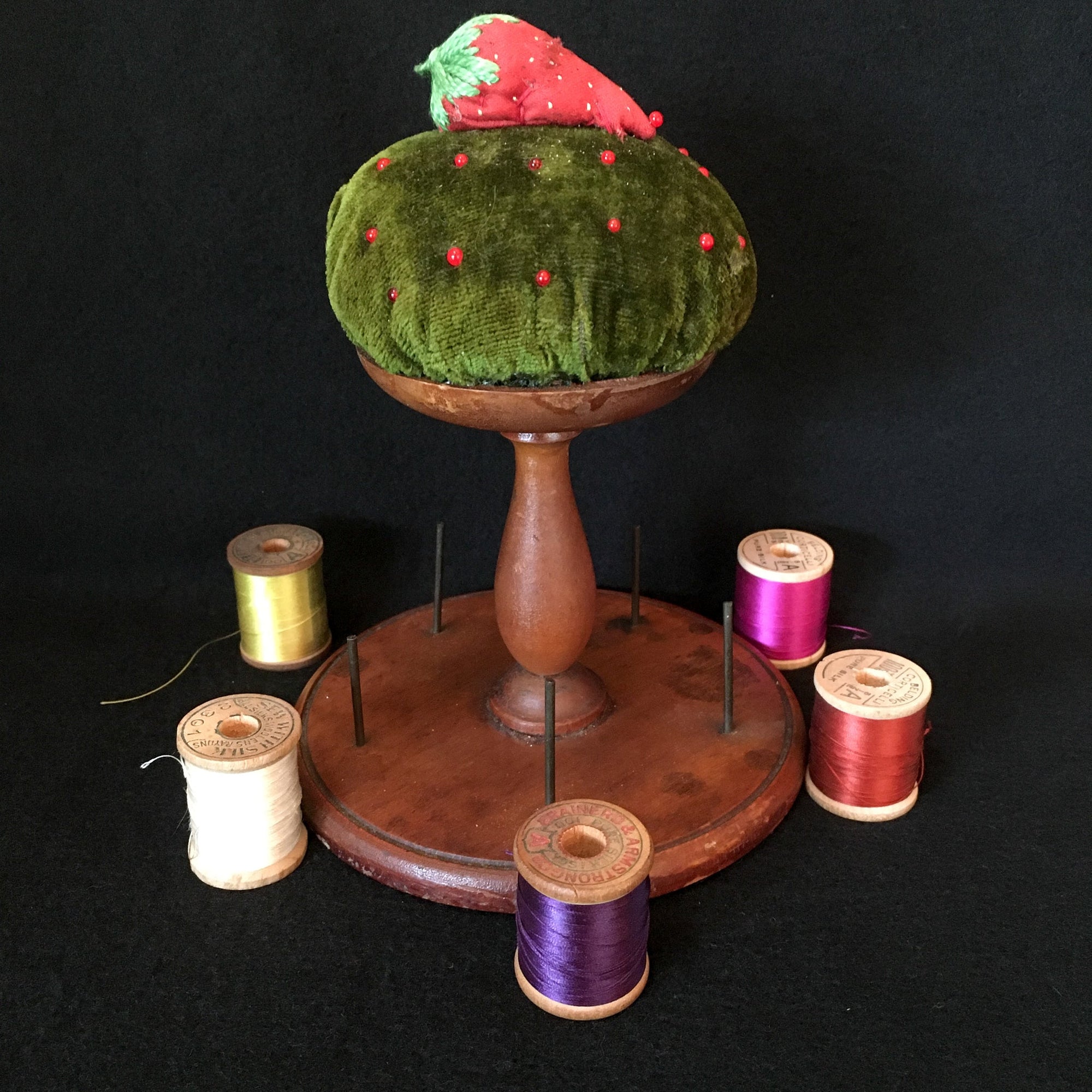 Wooden Spool Holder with Pin Cushion and Strawberry Emery