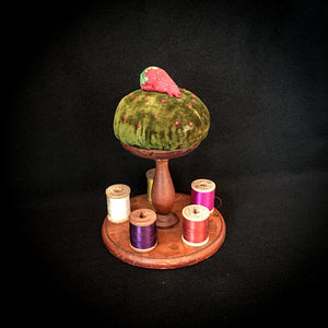 Wooden Spool Holder with Pin Cushion and Strawberry Emery