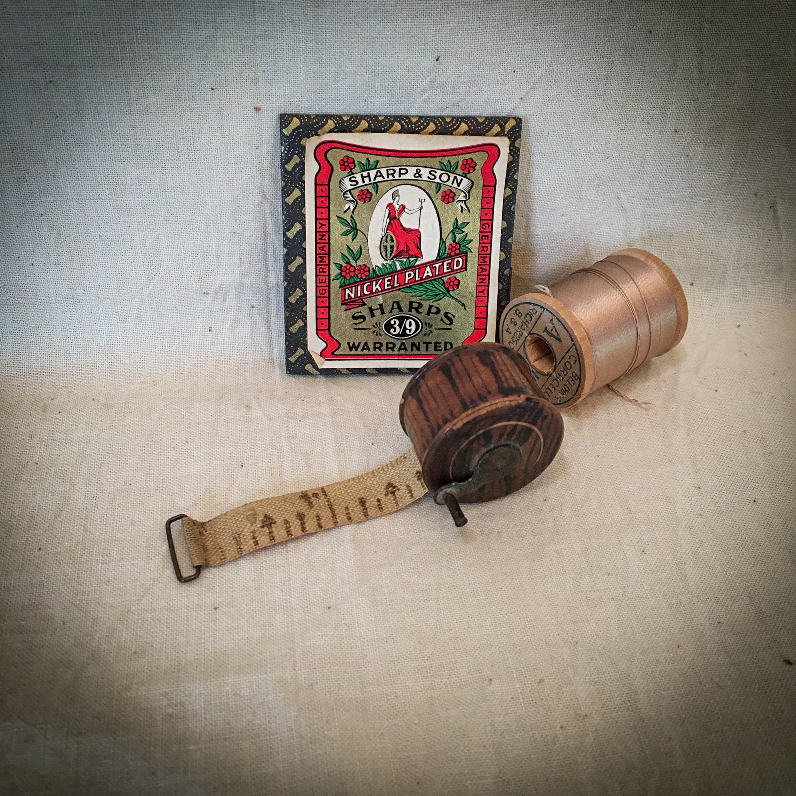 1800’s Grain Painted Wooden Sewing Tape Measure with Cloth Tape