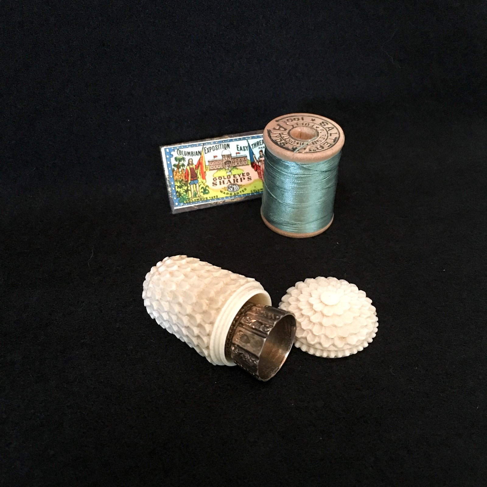 1800’s Carved Bone Thimble Holder with Sterling Silver Gold Wash Thimble, Size 10