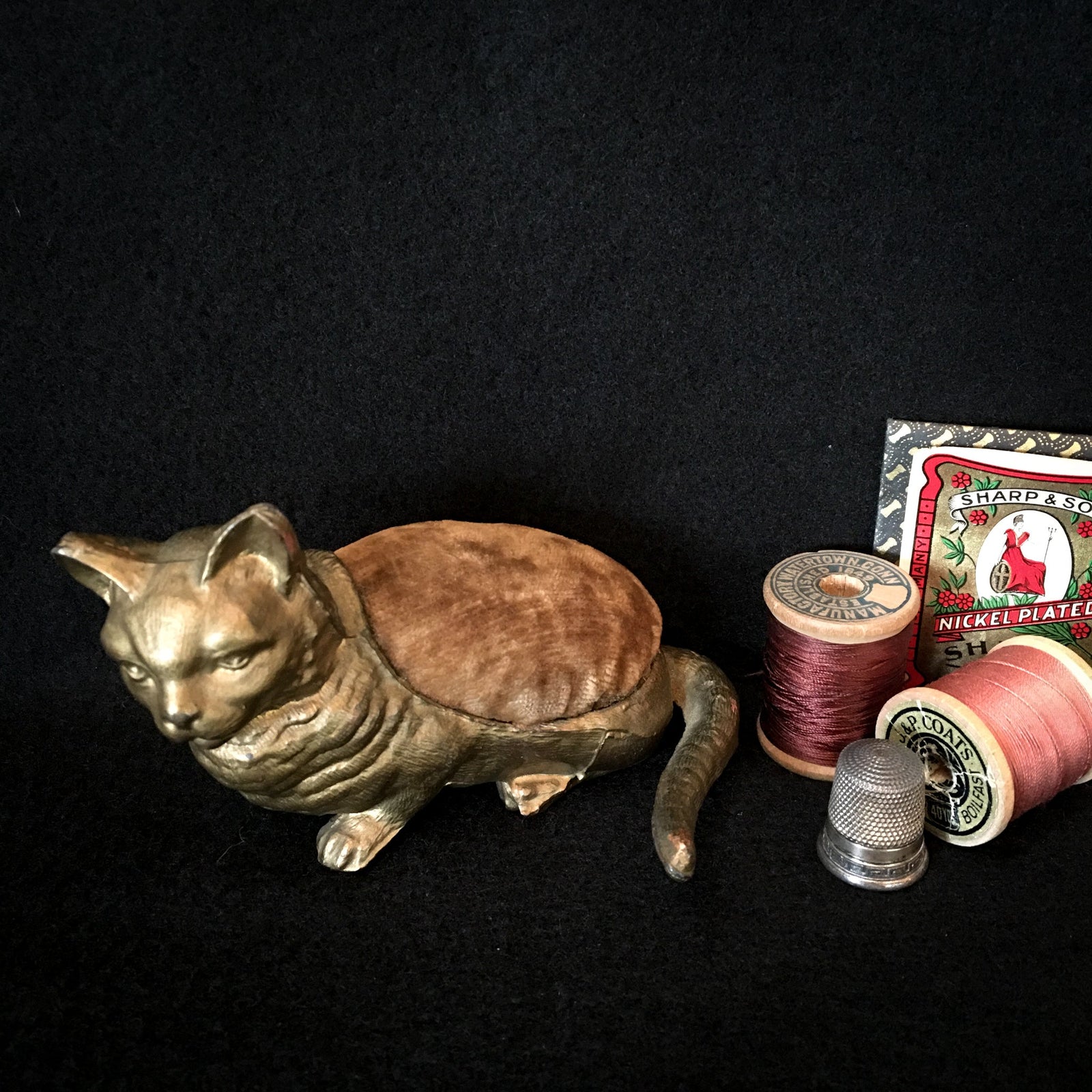 Early 1900’s Cat Pin Cushion, Cast Iron or Bronze with Velvet