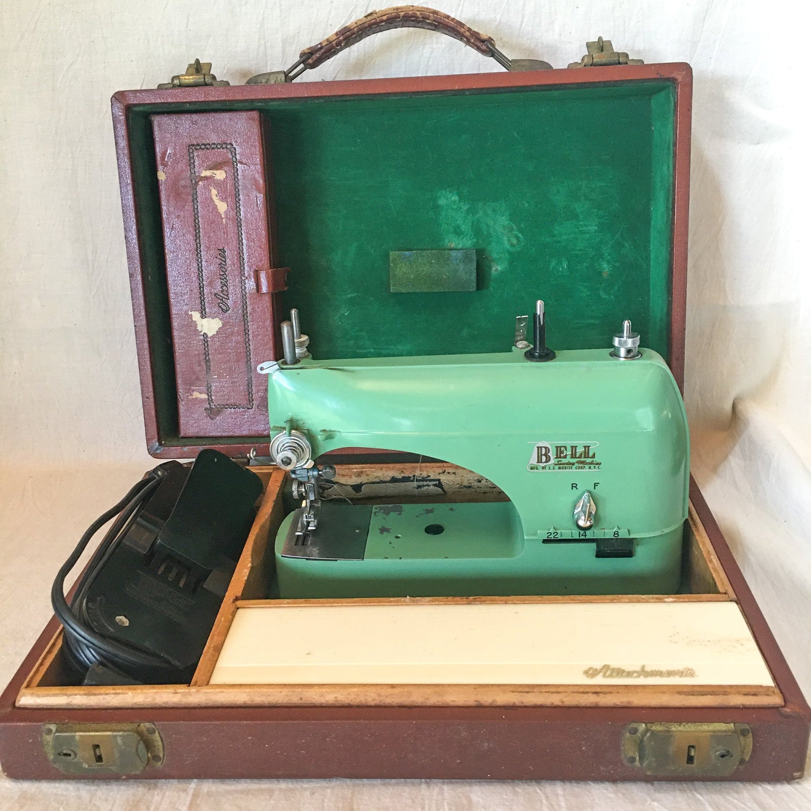 1950’s Bell Sewing Machine with Original Case, Attachments and Accessories