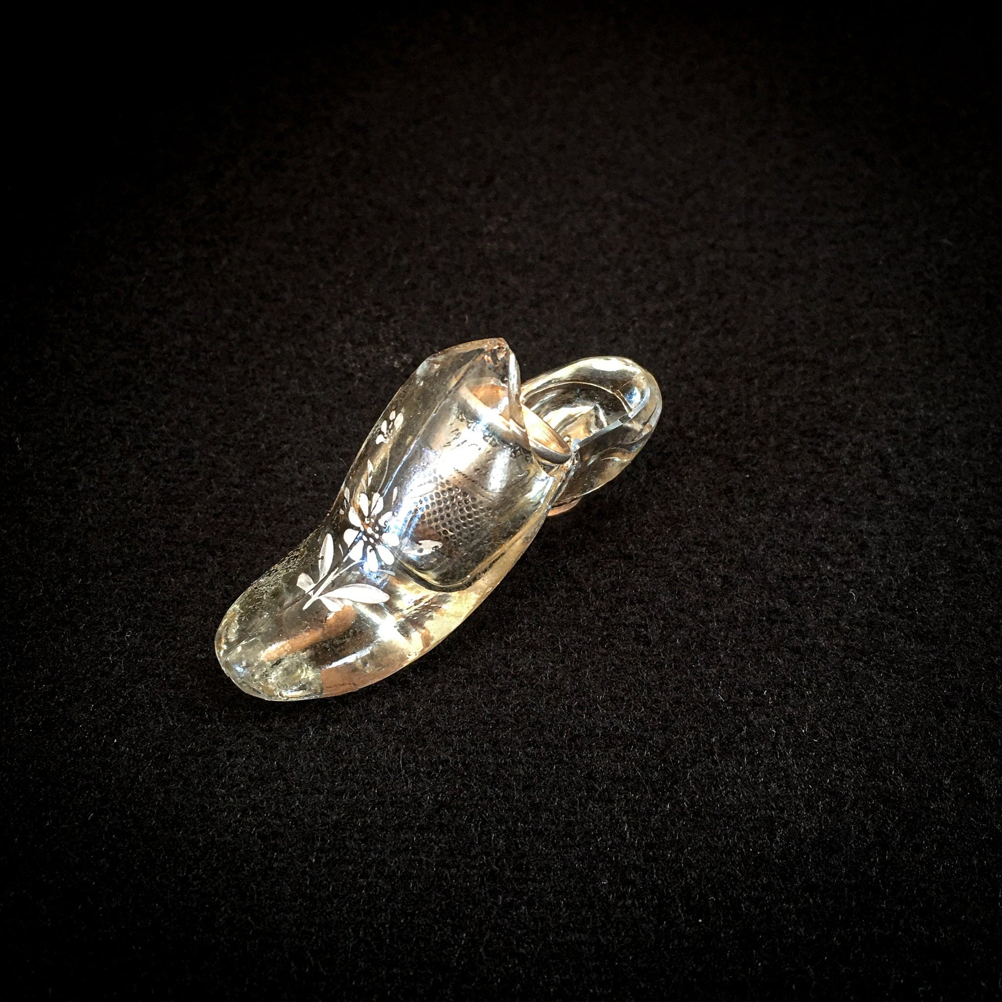 Vintage Glass Slipper Thimble Holder with Thimble, Size 6, Engraved “M.E.M.”