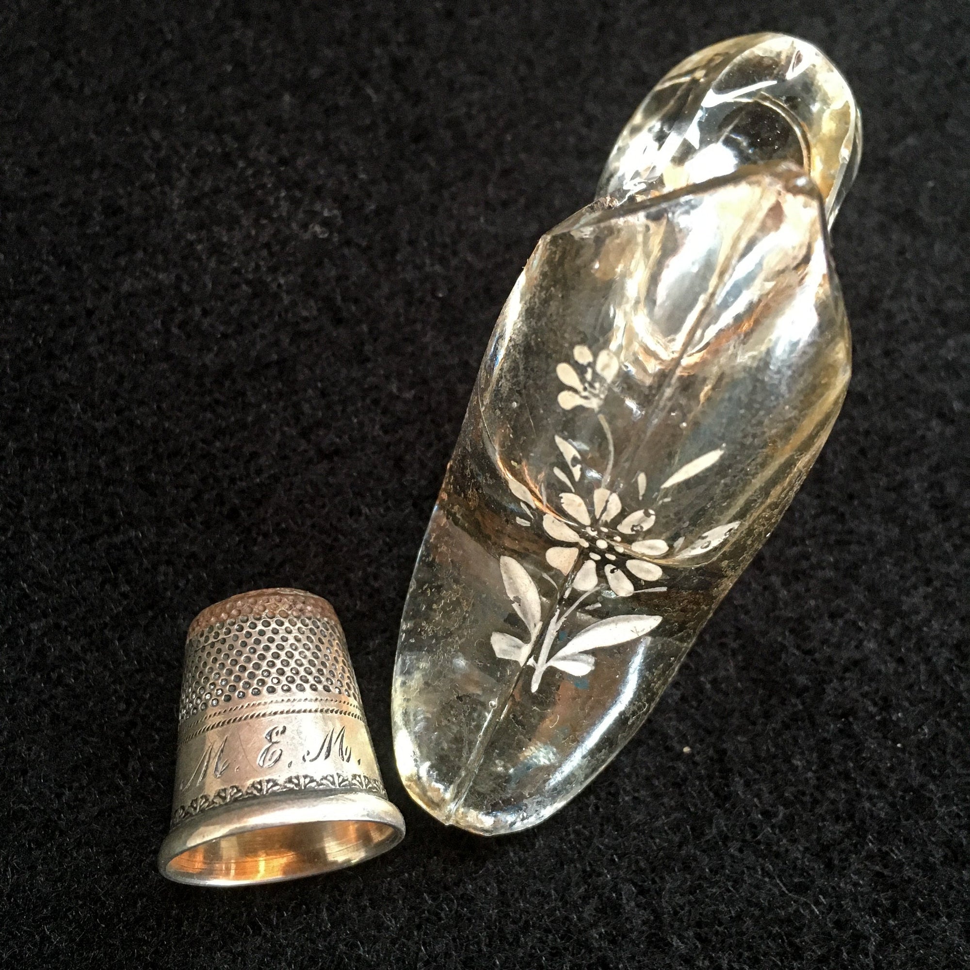Vintage Glass Slipper Thimble Holder with Thimble, Size 6, Engraved “M.E.M.”