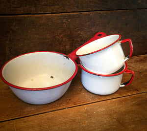 Vintage Enamelware Pan and 2 Cups