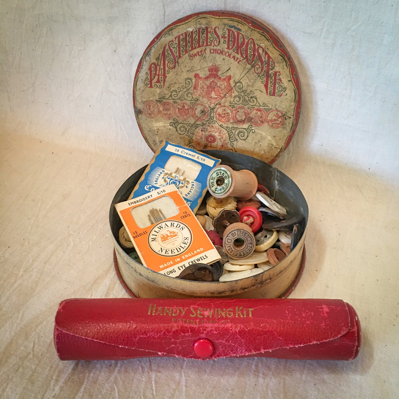 1920’s Droste Tin with Contents, Mid Century Sewing Kit with JP Coats Mending Floss