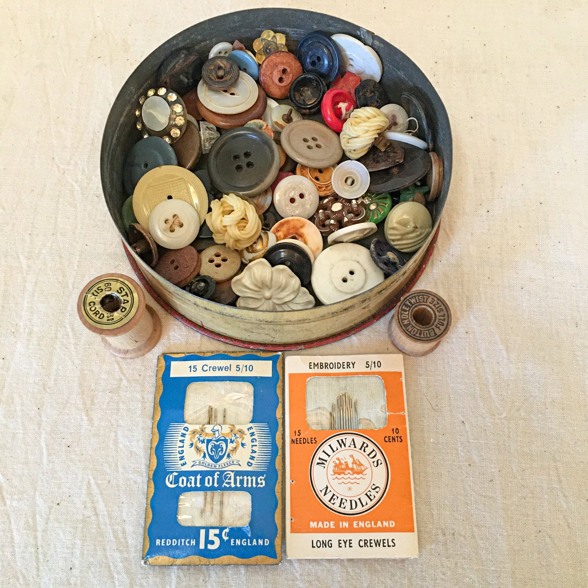 1920’s Droste Tin with Contents, Mid Century Sewing Kit with JP Coats Mending Floss