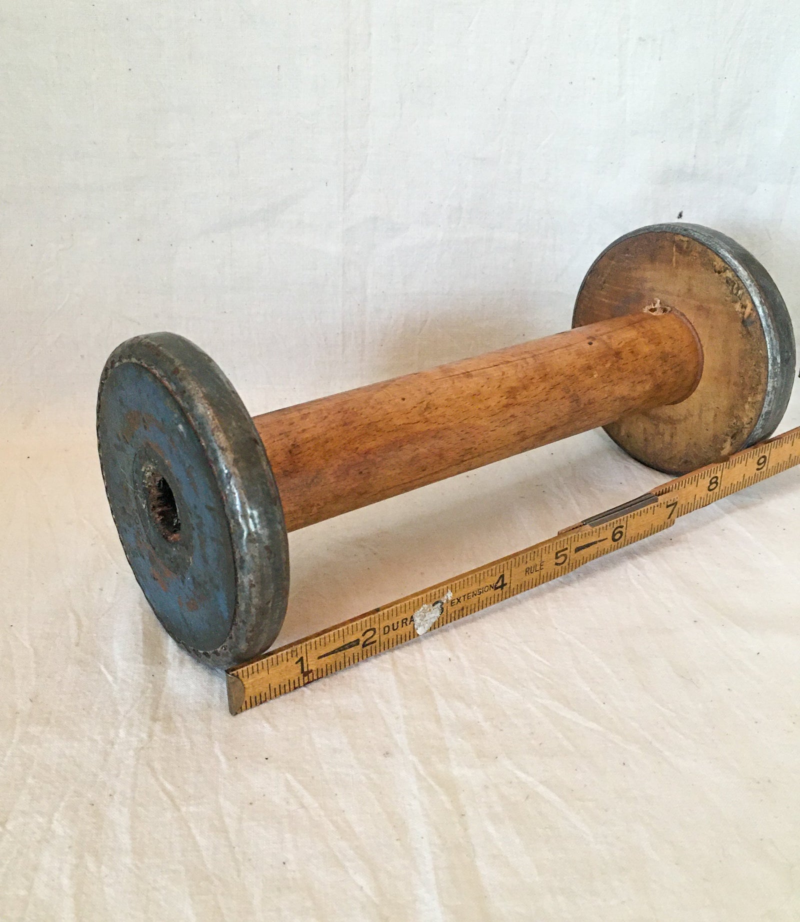 Large Wooden Spool, 9 ¼” Long, Blue Paint