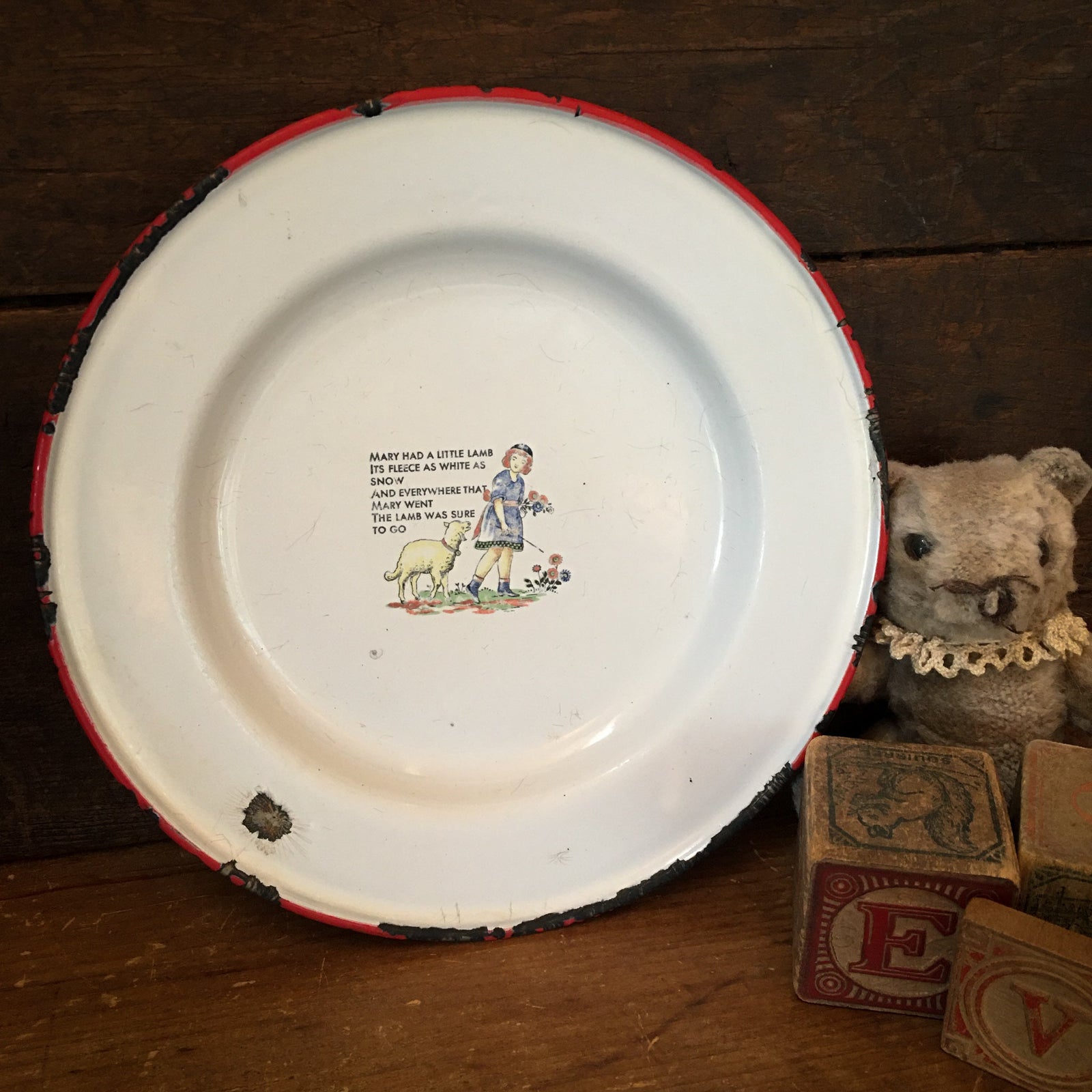1930’s – 1940’s Enamelware Children’s Plate, “Mary Had a Little Lamb”