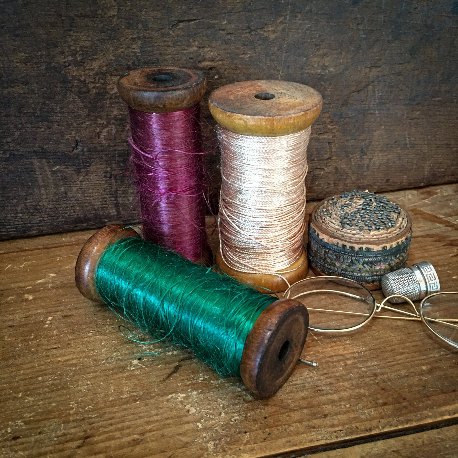 3 Antique Wooden Spools with Silk Thread