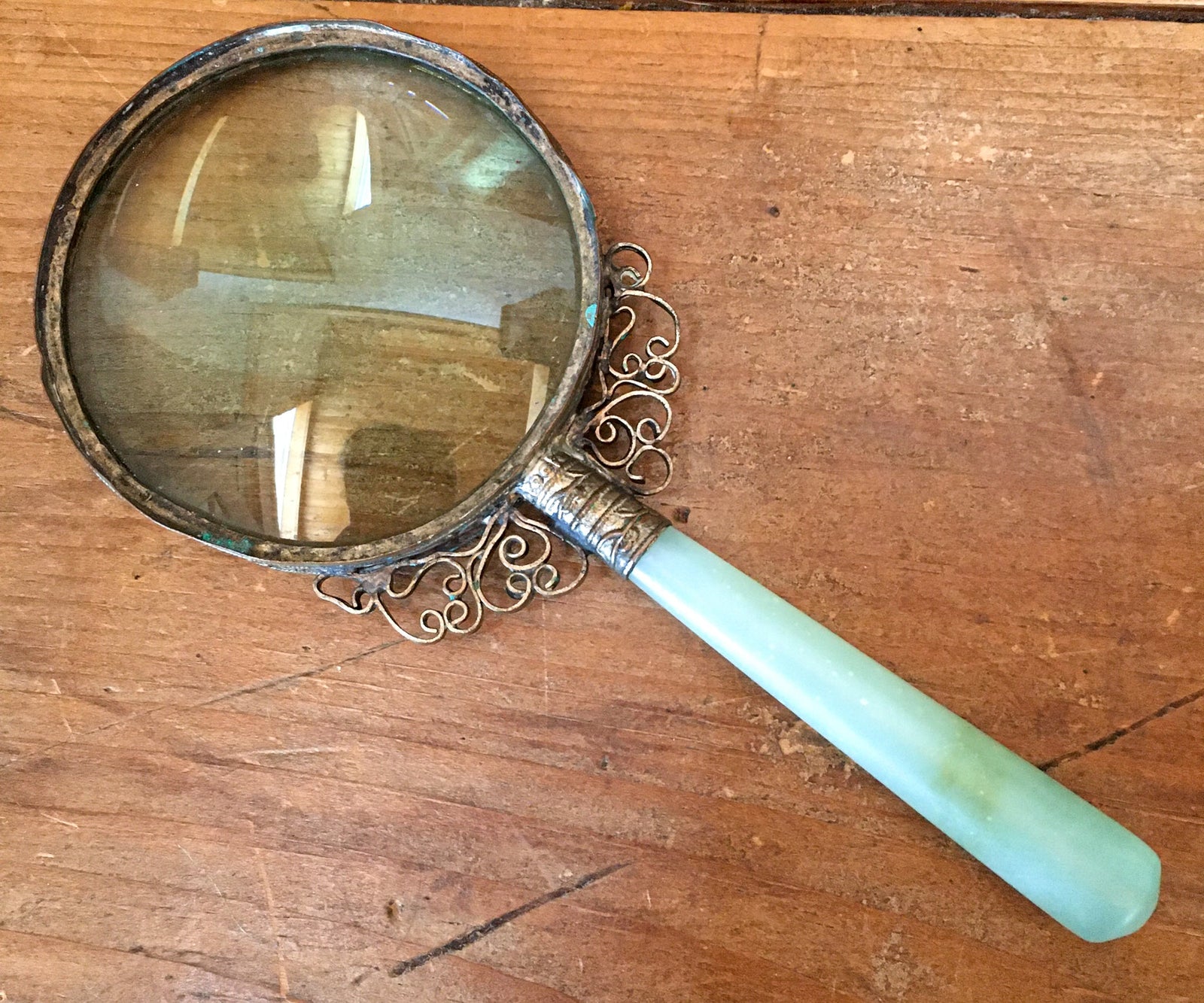 Antique Magnifying Glass, Brass with Jade Handle