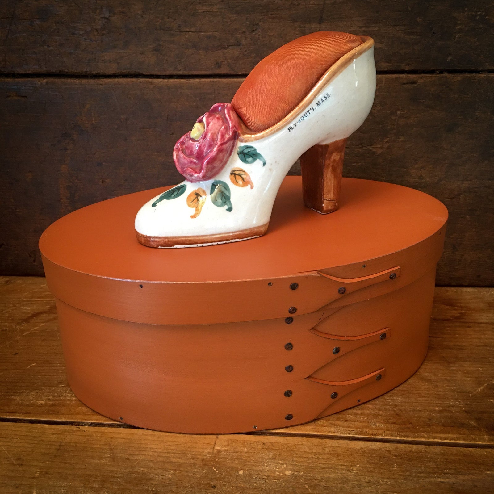 An Autumn Pair!  #4 Shaker Box and ‘40’s – ‘50’s Ceramic Shoe Pincushion