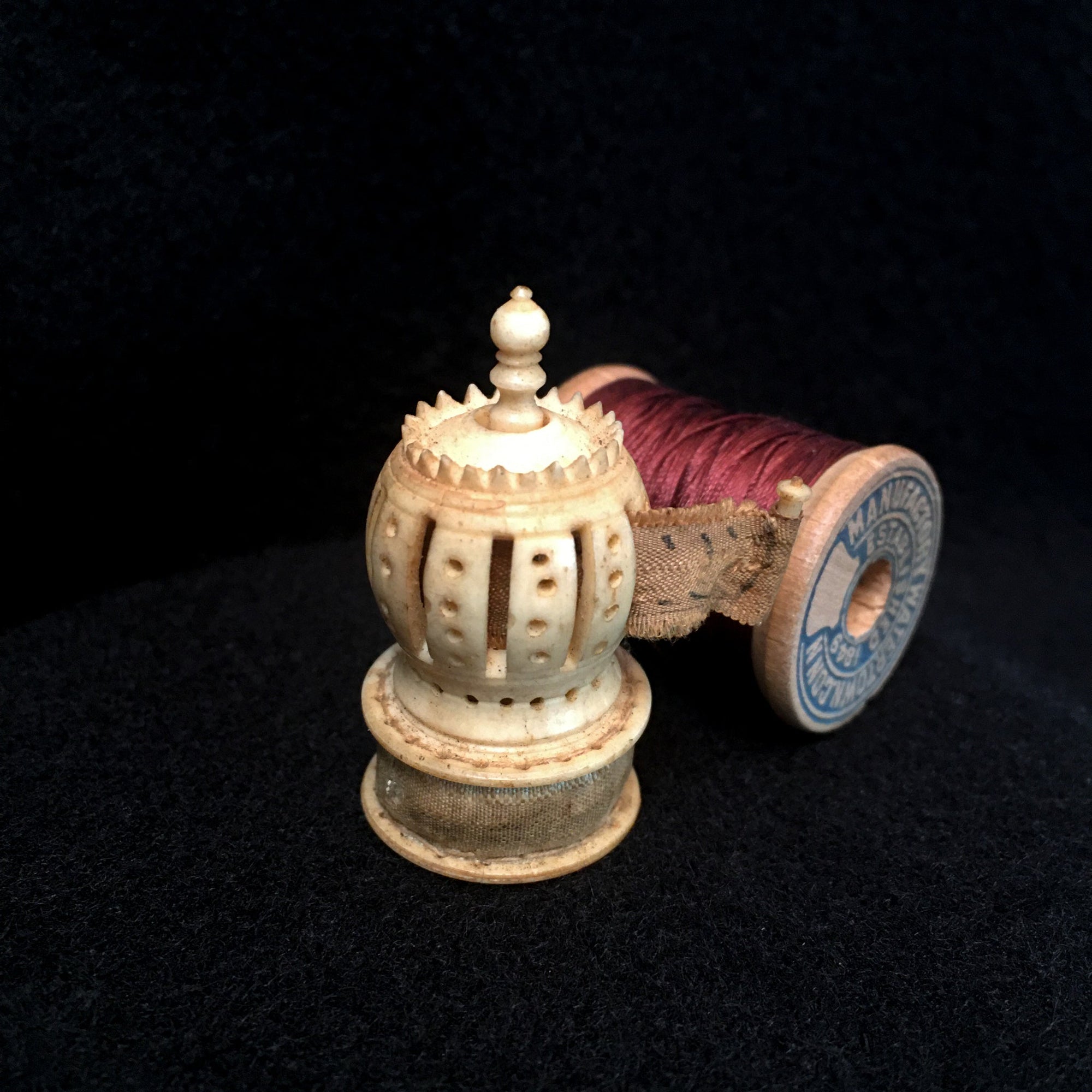 1800’s Carved Bone and Silk Tape Measure with Pincushion
