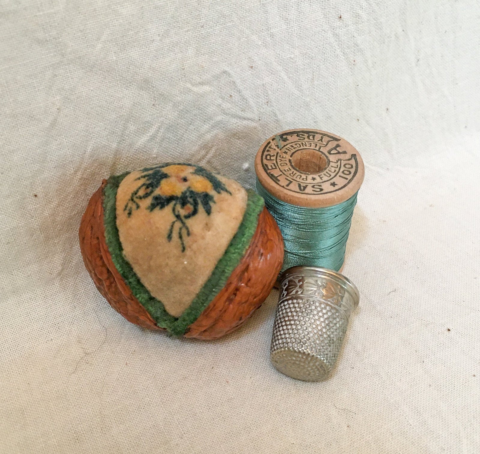 Late 1800’s – Early 1900’s Walnut Shell Pincushion with Theorem Painting
